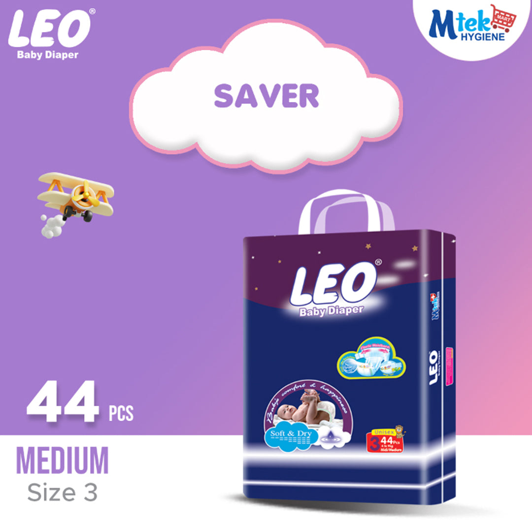 Leo Saver Pack Baby Diaper – Size 3, Medium – 44 Pcs