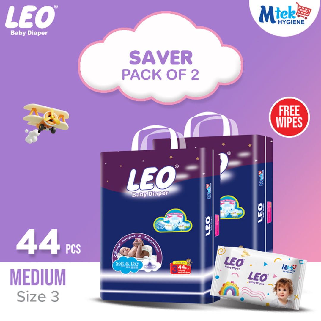 Leo Saver Pack Baby Diaper – Size 3, Medium – 44 Pcs (Pack of 2) + Free Wipes