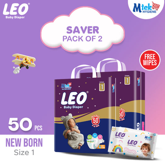 Leo Saver Pack Baby Diaper – Size 1, NewBorn – 50 Pcs (Pack of 2) + Free Wipes