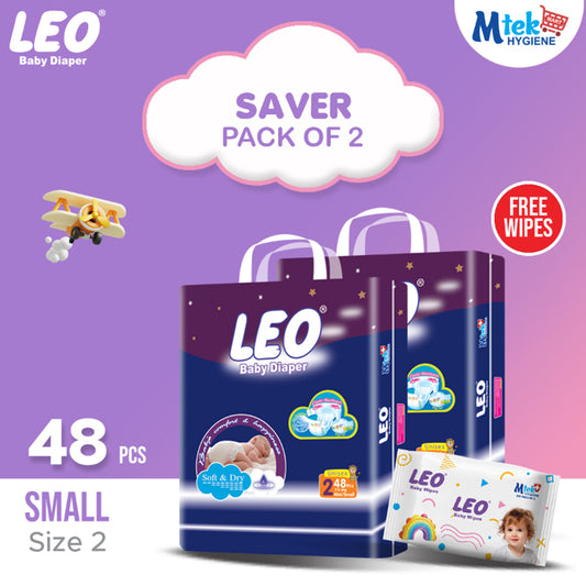 Leo Saver Pack Baby Diaper – Size 2, Small – 48 Pcs (Pack of 2) + Free Wipes