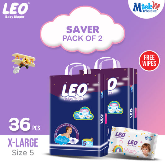 Leo Saver Pack Baby Diaper – Size 5, X-Large – 36 Pcs (Pack of 2) + Free Wipes