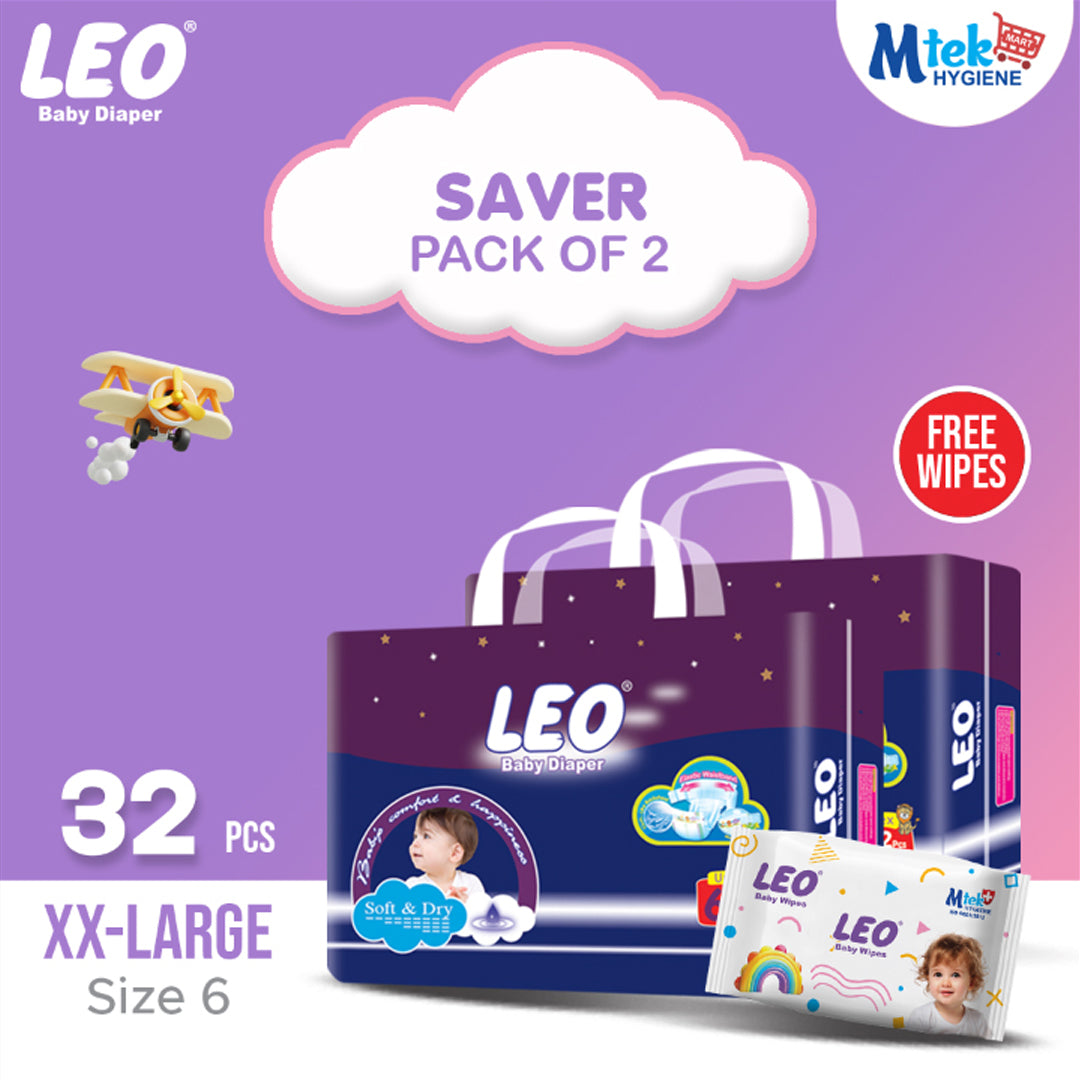 Leo Saver Pack Baby Diaper – Size 6, XXL – 32 Pcs (Pack of 2) + Free Wipes