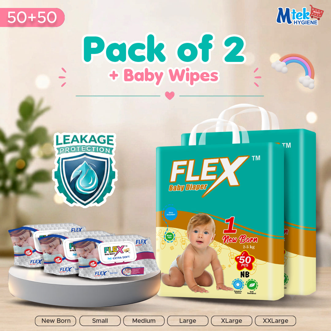 Flex Diaper ( Pack of 2 + 3 Baby Wipes )