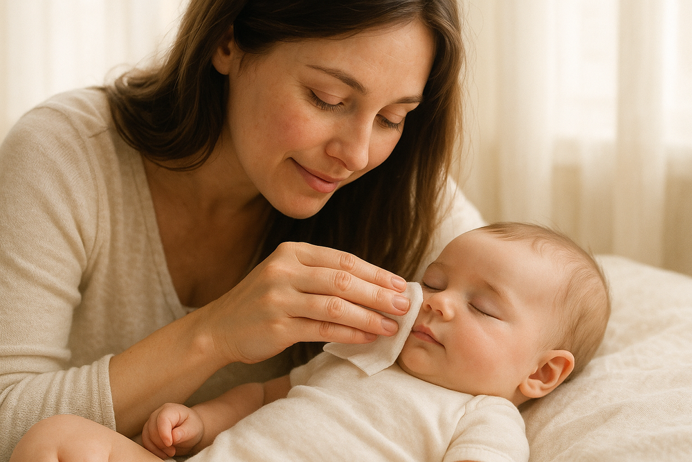 mother using baby wipes on baby face to clean baby 